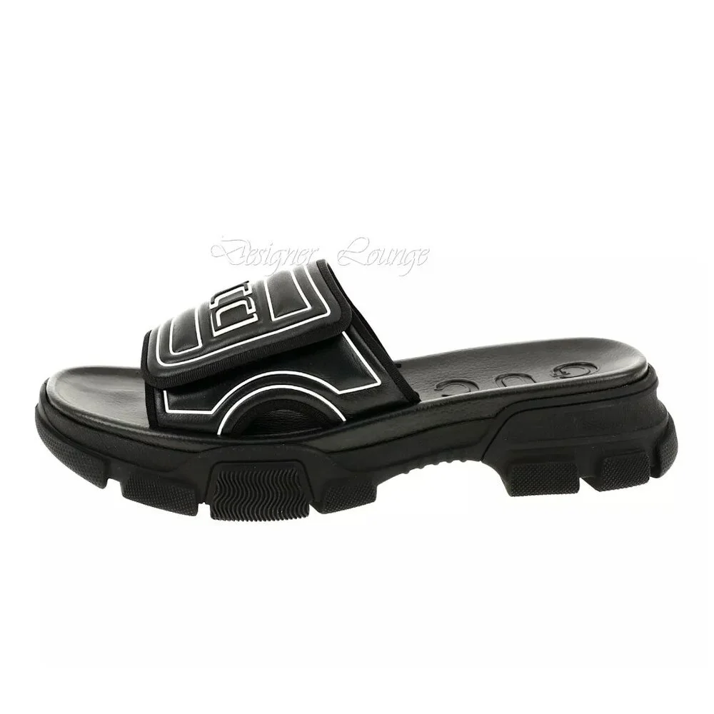 NEW GUCCI Aguru Black Leather & Rubber Logo Sandals Slides G 11 / US 11.5